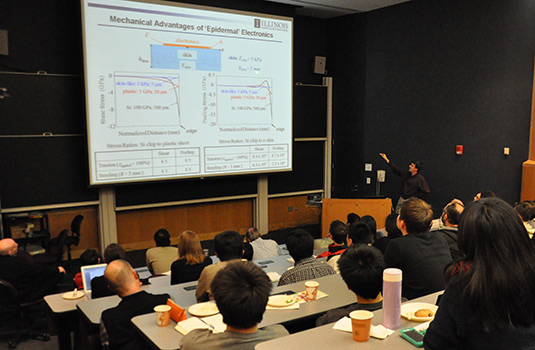 Students and faculty look on as John A. Rogers discusses dissolvable electronics as part of the McCormick Dean's Seminar Series January 31.