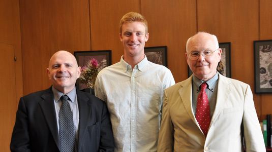 Samuel I. Stupp (at left), Julian Minuzzo, and Associate Dean for Undergraduate Engineering Stephen Carr