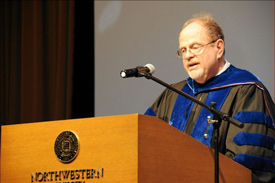 McCormick's Joseph Schofer delivers an address at the PhD Hooding Ceremony on June 21.