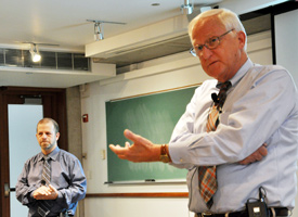 Michael Peshkin (left) and Gregory Olson (right) discuss their startups at the Farley Fellows lecture.