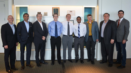 (left to right) Ben Rhodes and Shahid Ahmed of Accenture Communications; Charles Nebolsky of Cisco Business Group, McCormick graduate students Kyle Hundman, Andy Fox, and Monsu Mathew; Andy Fano of Accenture Technology' Josh Sommer of Accentures CMT network offerings group; and Tom Schenk, the City of Chicago’s director of analytics.