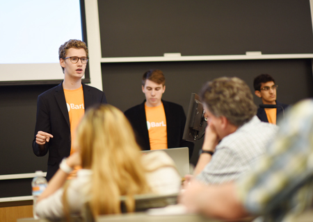 Members of BarLift pitch their app during the NUvention: Web + Media final presentations. 