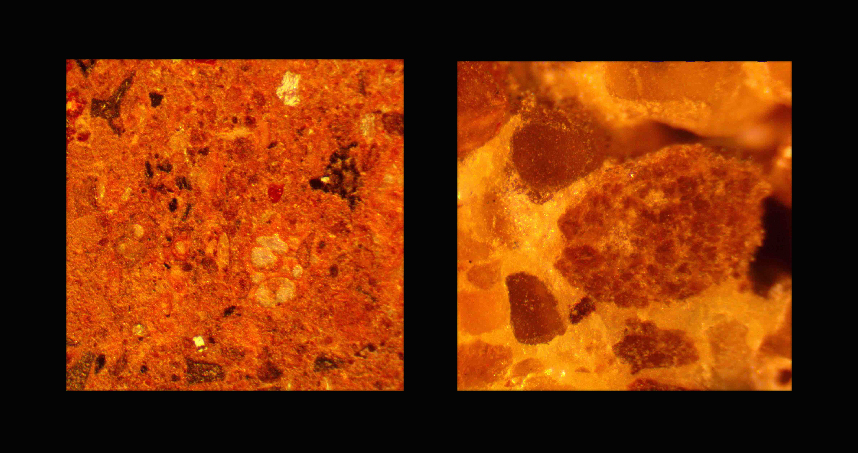 Microscopy images show how much smaller the particle sizes are in the Martian concrete (left) compared to the conventional sulfur concrete (right).
