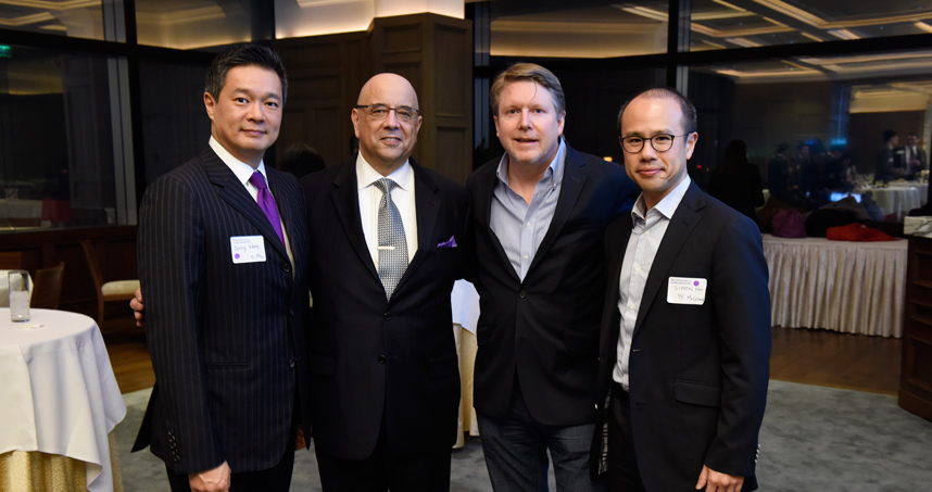 From left: Jerry Wang ('91), Dean Julio M. Ottino, Medill Dean Brad Hamm, Simon Ho ('95)