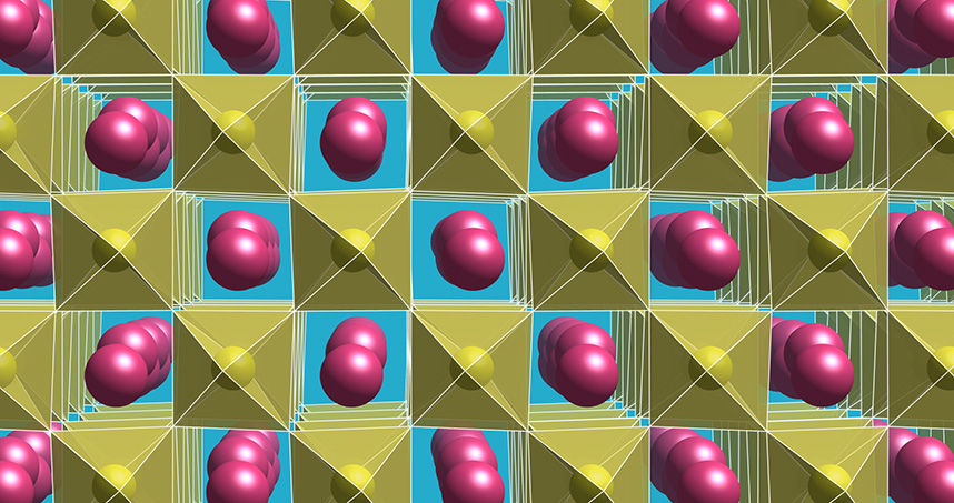 Atomic scale model of the polar material, where neodymium atoms are pink and nickel atoms are yellow.