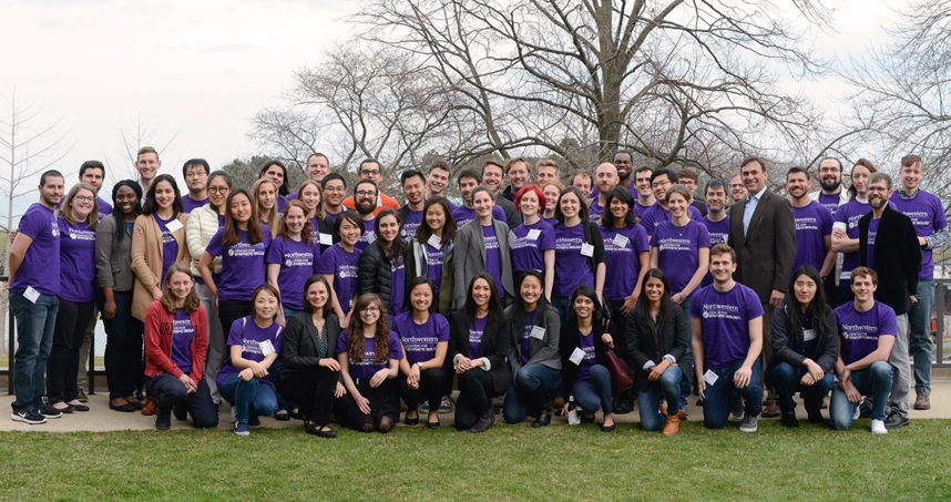 Northwestern's synthetic biology faculty pose for a group photo with their students and postdoctoral fellows.