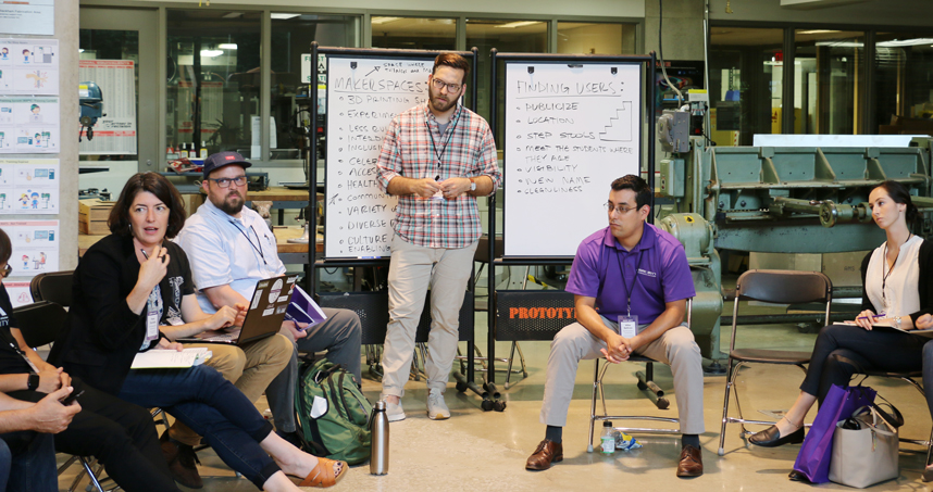 Segal Design Institute’s Pam Daniels leads a small group discussion on maker spaces. Credit: Cindy Koh