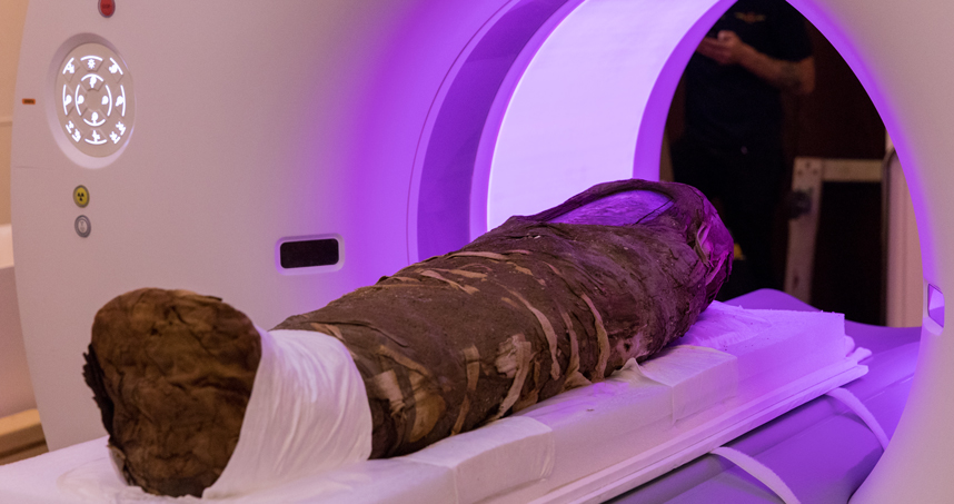 Mummy undergoing a CT scan at Northwestern Memorial Hospital. 
