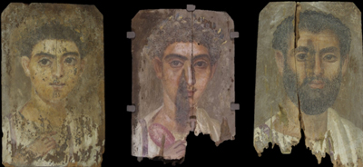 Three mummy portraits, second century CE, encaustic on wood. Phoebe A. Hearst Museum of Anthropology; 6-2378b; 6-21377; 6-21379. Courtesy of the Phoebe A. Hearst Museum of Anthropology and the Regents of the University of California.
