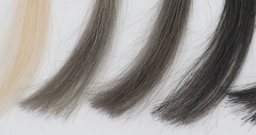 Bundles of blonde hair before and after coating with r-GO/chitosan dye with increasing graphene concentrations.