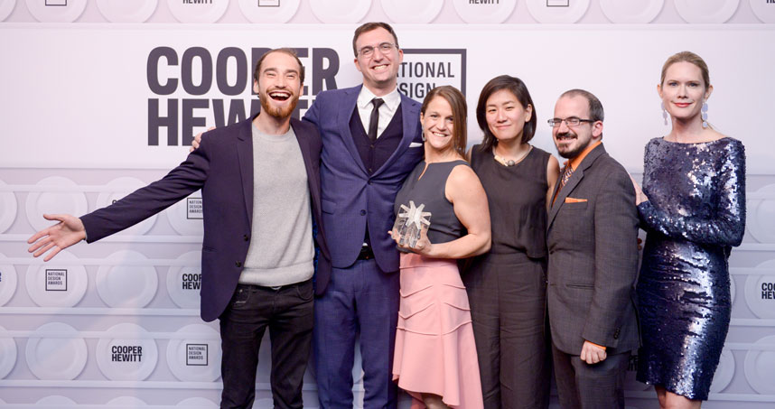 DFA at the National Design Awards in 2018. From left: Aaron Horowitz, Mert Iseri, Liz Gerber, Hannah Chung, Rob Calvey, and award presenter Stephanie March. Credit: BFA