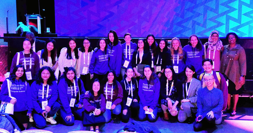 Members of Northwestern's Women in Computing group pose for a group photo at the Grace Hopper Celebration.