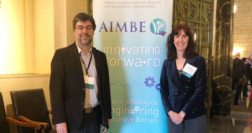 Luís Amaral and Linda Broadbelt at the AIMBE induction ceremony on March 25.