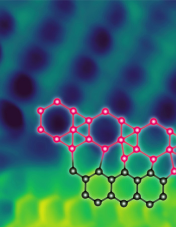 Atomic-resolution scanning tunneling microscopy image of a borophene-graphene lateral heterostructure with an overlaid schematic of interfacial boron-carbon bonding. Image width: 1.7 nm.