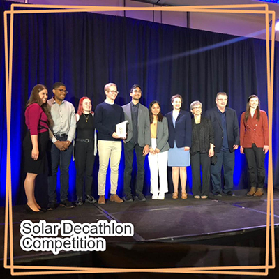 Members of engiNUity receive their award at the Solar Decathlon event final on April 24: (from second from left): Christopher Banks, Ellie Fulkerson, Robert Szymczyk, Saahir Ganti-Agrawal, and Polen Tom.