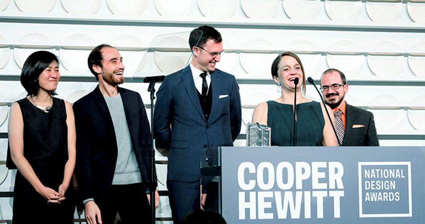 Hannah Chung, Aaron Horowitz, Mert Iseri, Liz Gerber, and Rob Calvey accept the Cooper Hewitt Award.