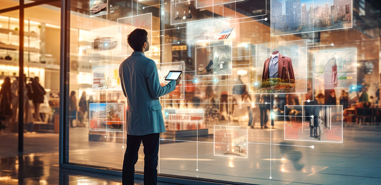 An AI rendering of a man looking at a display in a shopping mall