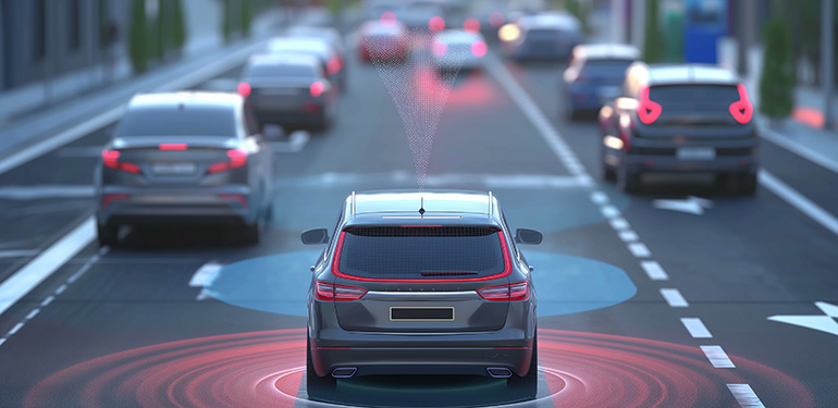 A rendering of a car guided by technology