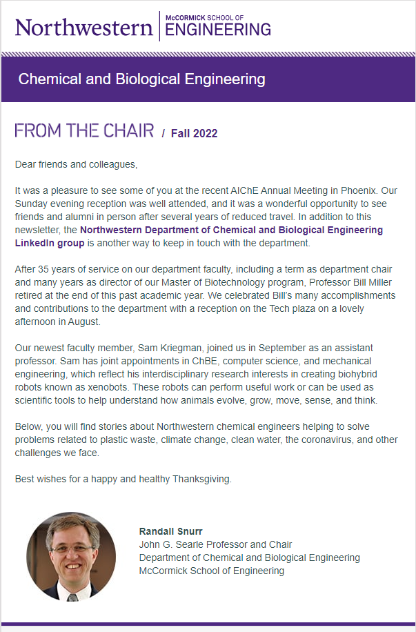 image of Prof. Randall Snurr's Fall message to the department