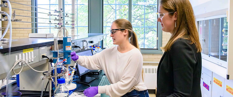 Professor and student working in lab