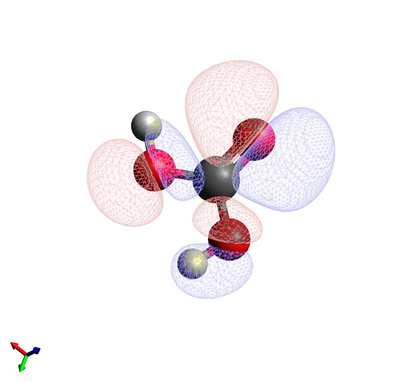 3D molecular structure showing atoms connected by bonds and red and blue mesh lobes