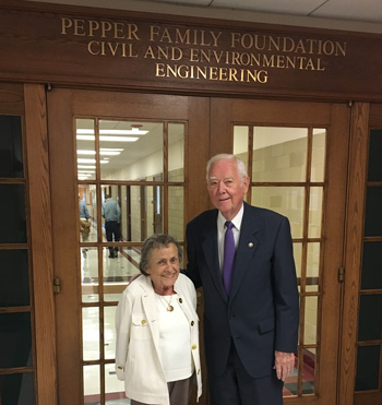 Roxelyn and Richard Pepper outside the Department of Civil and Environmental Engineering.