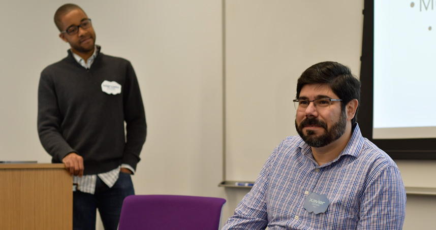 Marcelo Worsley listens as NYU's Xavier Ochoa discusses the need to give data collected back to the students.