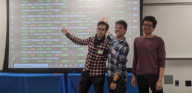 (l to r) Felix Haba, Chi Li, and Nikhil Kalghatgi at the Mid-Central Regional ICPC