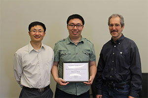 2015 EECS Best Dissertation in Electrical Engineering Award Winner Binnan Zhuang with Prof. Dongning Guo and Prof. Michael Honig