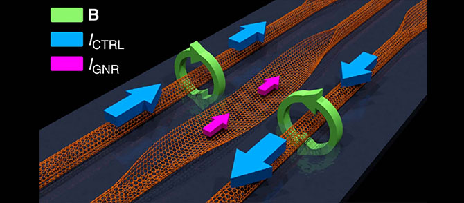 Unzipped magnetoresistive GNR is controlled by parallel CNTs on insulating material above a metallic gate.