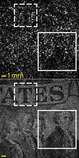 Details from a $2 bill taken from a distance of 1 meter by the SAVI prototype developed at Rice and Northwestern universities. The top image shows a speckle pattern created by firing a laser at the bill. The bottom shows the processed result after many such patterns were combined with a synthetic aperture program. Credit: Jason Holloway/Rice University