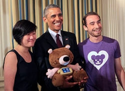 Sproutel co-founders and DFA alumni Hannah Chung and Aaron Horowitz presented Jerry the Bear to President Barack Obama during the first-ever White House Demo Day in 2015.