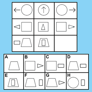 An example question from the Raven's Progressive Matrices standardized test. The test taker should choose answer D because the relationships between it and the other elements in the bottom row are most similar to the relationships between the elements of the top rows.