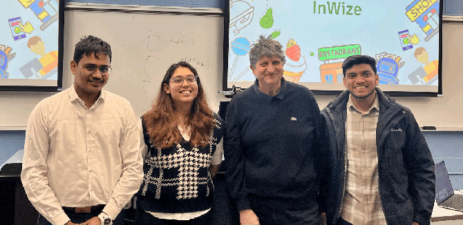 Bharath Yedla (MEM ‘25), Vanshika Todi (MEM ‘25), Plamen Petrov (MEM ‘07), and Akash Vaish (MEM ‘25) at MEM Industry Night