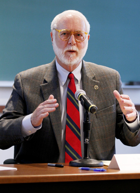 Wayne Clough speaks to McCormick students during his presentation on May 3.