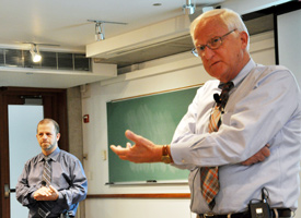 Michael Peshkin (left) and Gregory Olson (right) discuss their startups at the Farley Fellows lecture.