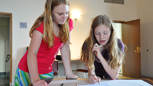 Two STEP participants collaborate on plans to build an automated feeder for the polar bear at Lincoln Park Zoo.