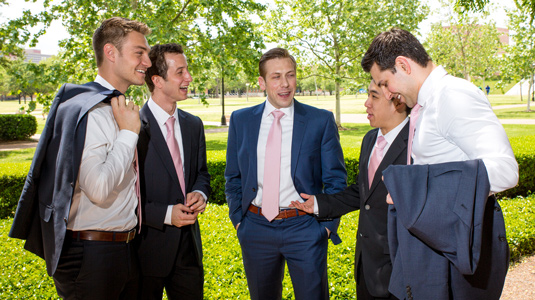 Members of Innoblative Designs talk about their plans at the Rice Business Plan Competition where they won the Women’s Health Prize. Left to right: Tyler Wanke, Brian Robillard, Adam Piotrowski, Curtis Wang, and Jason Sandler.