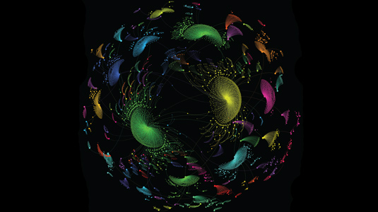 This image is a network graph—called a 'minimum spanning tree'—showing the 7,410 predicted stable compounds from the Open Quantum Materials Database. Since this image was completed, the number of compounds predicted has increased.