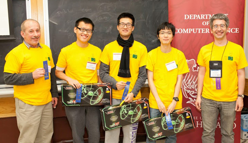 Left to right: Professor Goce Trajcevski (coach), David Wang, Siyuan Cai, Edward Kim, and contest director Professor Borja Sotomayor.