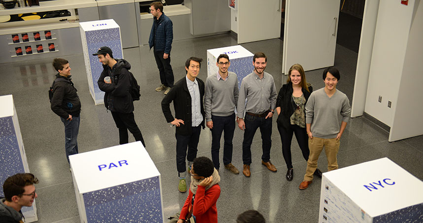 Kevin B. Lee, Leon Sasson, Avy Faingezicht, Paola Lopez, and Ryan Ayres stand in Wikitropolis.