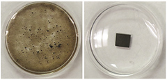 The image on the left shows the neat GO film, which disintegrated in water. The contaminated film on the right remains stable. 