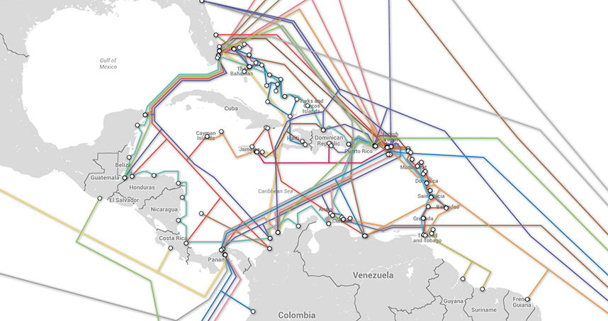 A map showing submarine Internet cables in and around Cuba. Image used courtesy of submarinecablemap.com.