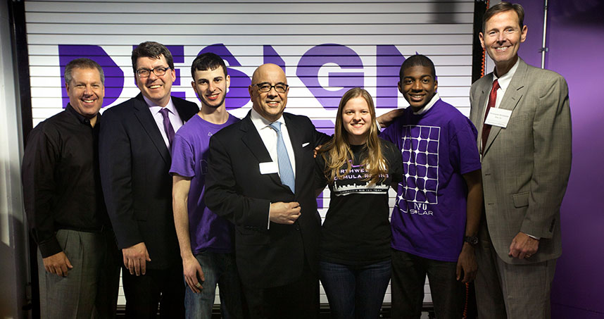 Ford's Joseph Hinrichs, 3M's Chris Haas, and Altec's Christopher Winchester stand with Dean Ottino and students.
