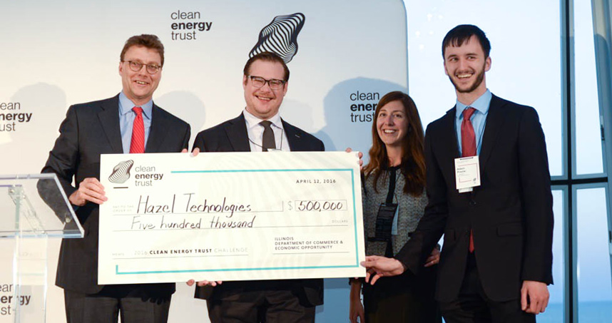 Hazel Technologies' Aidan Mouat and Adam Preslar with Clean Energy Trust CEO Erik Berkerts