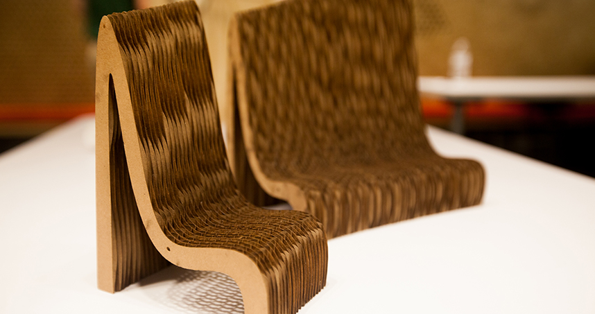 Saskia Wiesebron displayed cardboard chairs that she designed for the Northwestern Library.