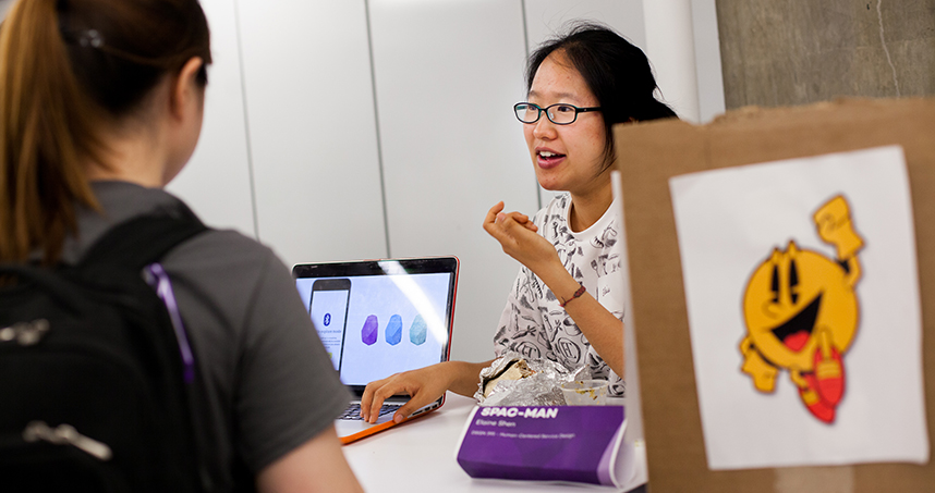 Elaine Shen demonstrated her SPAC-Man app, which helps beginners navigate the gym.