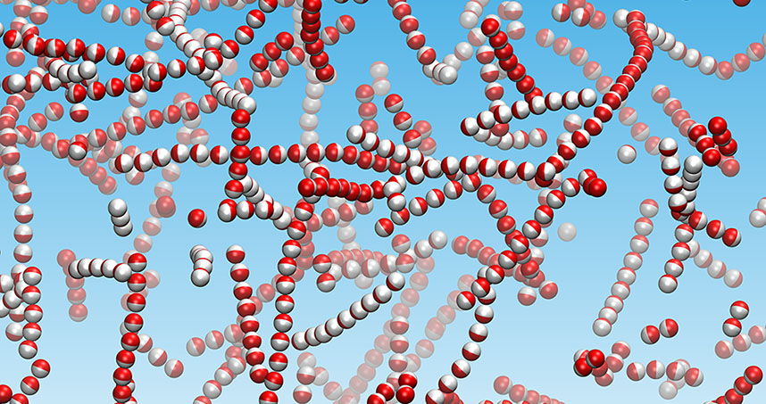 Janus colloids with equal-and-opposite charges (as seen here) attract one another into connected, dynamic chains.