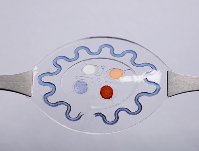 A soft, skin-mounted microfluidic device for capture, collection, and analysis of sweat. Credit: J. Rogers