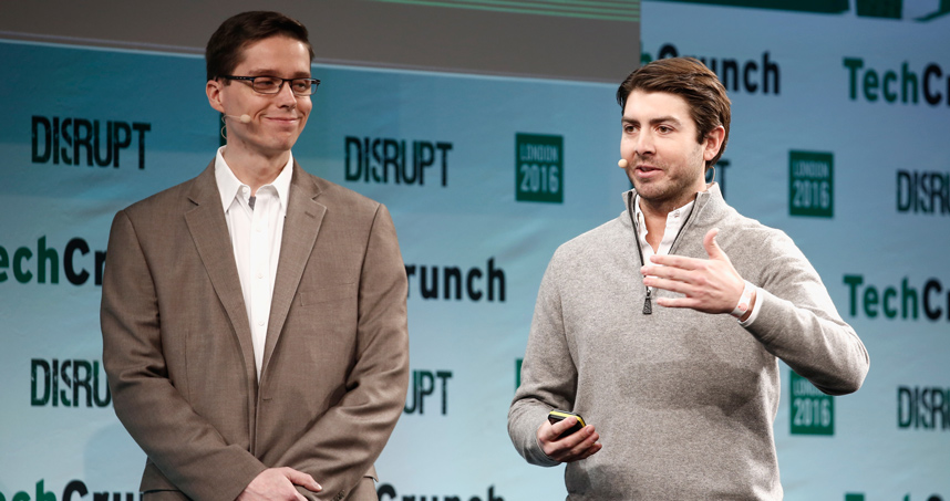 Andreas Schuler (MS ’01) and Tripp Welge (right) pitches PhenixP2P at Startup Battlefield.